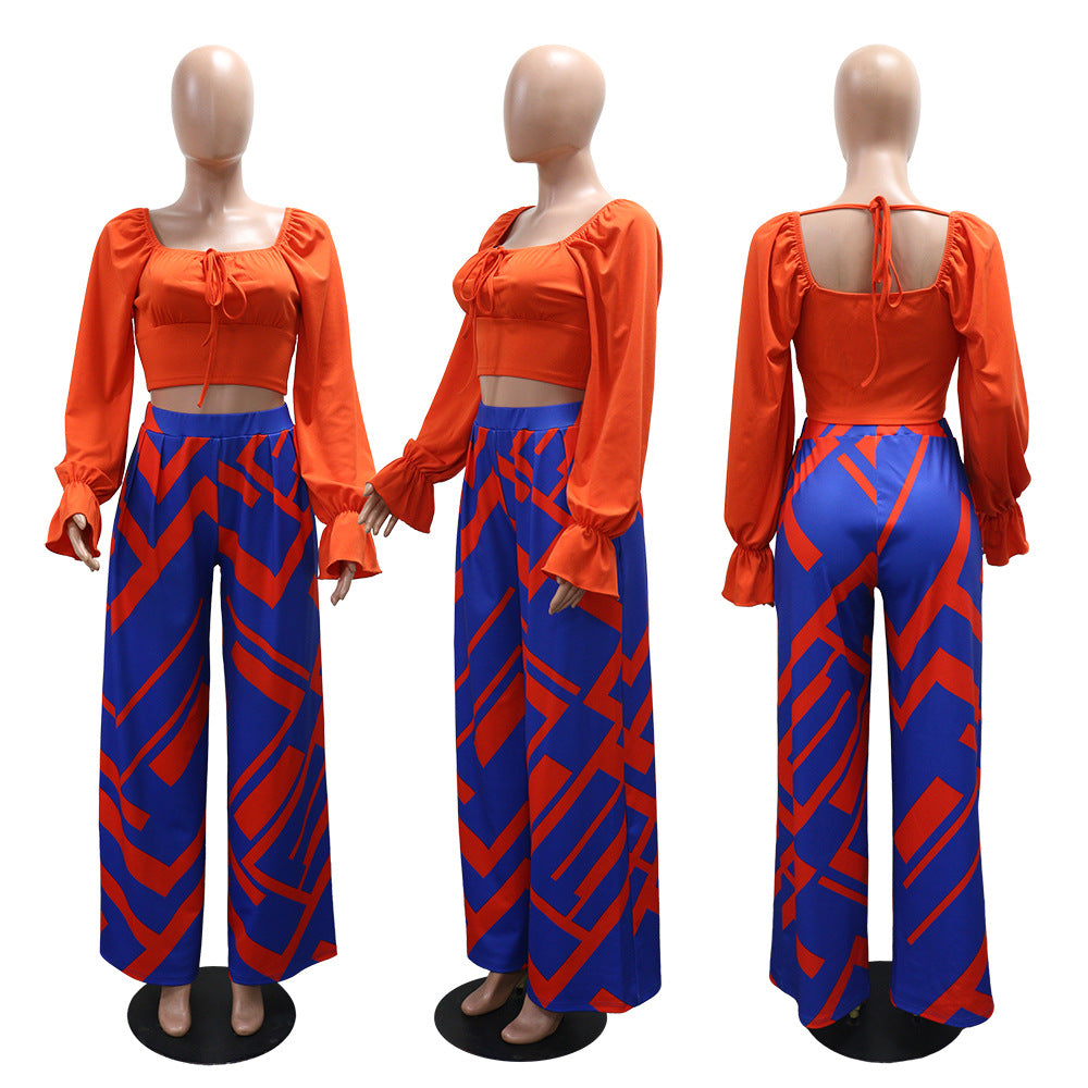 Long Sleeve Top with Loose Printed Wide-Leg Pants  Casual & Comfortable Two-Piece Set 5