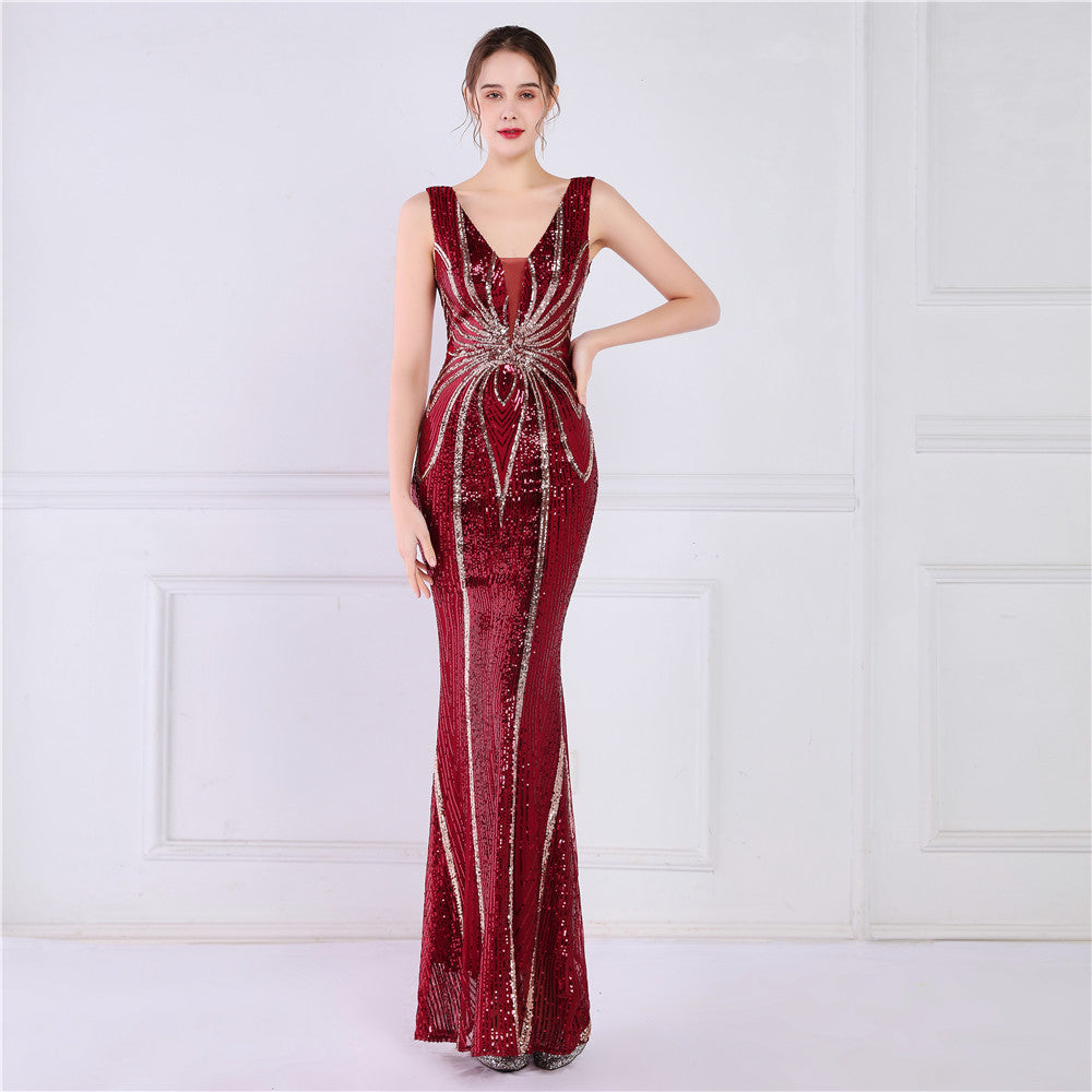 Women Summer Formal V-neck Sleeveless Patchwork Sequined Mermaid Evening Dress 16