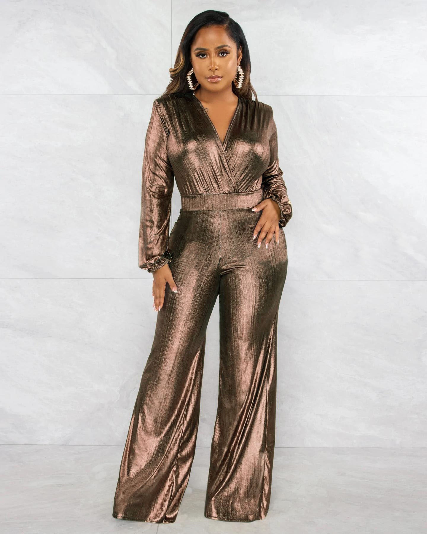 Sexy V Neck Shiny Long Sleeve Ladies Jumpsuit 6
