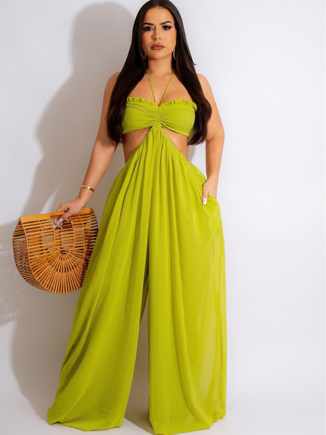 Women sexy chiffon wrap chest backless wide feet Jumpsuit 6