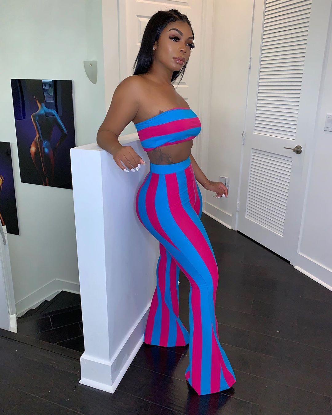 Spring Striped Strapless Crop Top Bell Bottom Pants Set 5