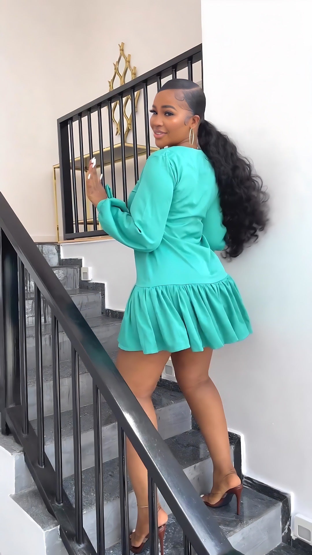 Women Casual U-neck Solid Long Sleeve Lace-Up Pleated Dress 7