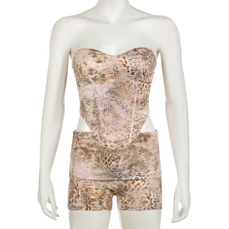 Women Holidays Animal Print Irregular Strapless Top and Shorts Two Piece Set 7