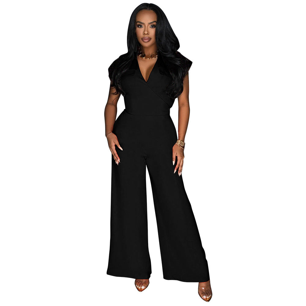 Fashionable Women's Solid Color Sleeveless V-Neck Wide Leg Jumpsuit 5
