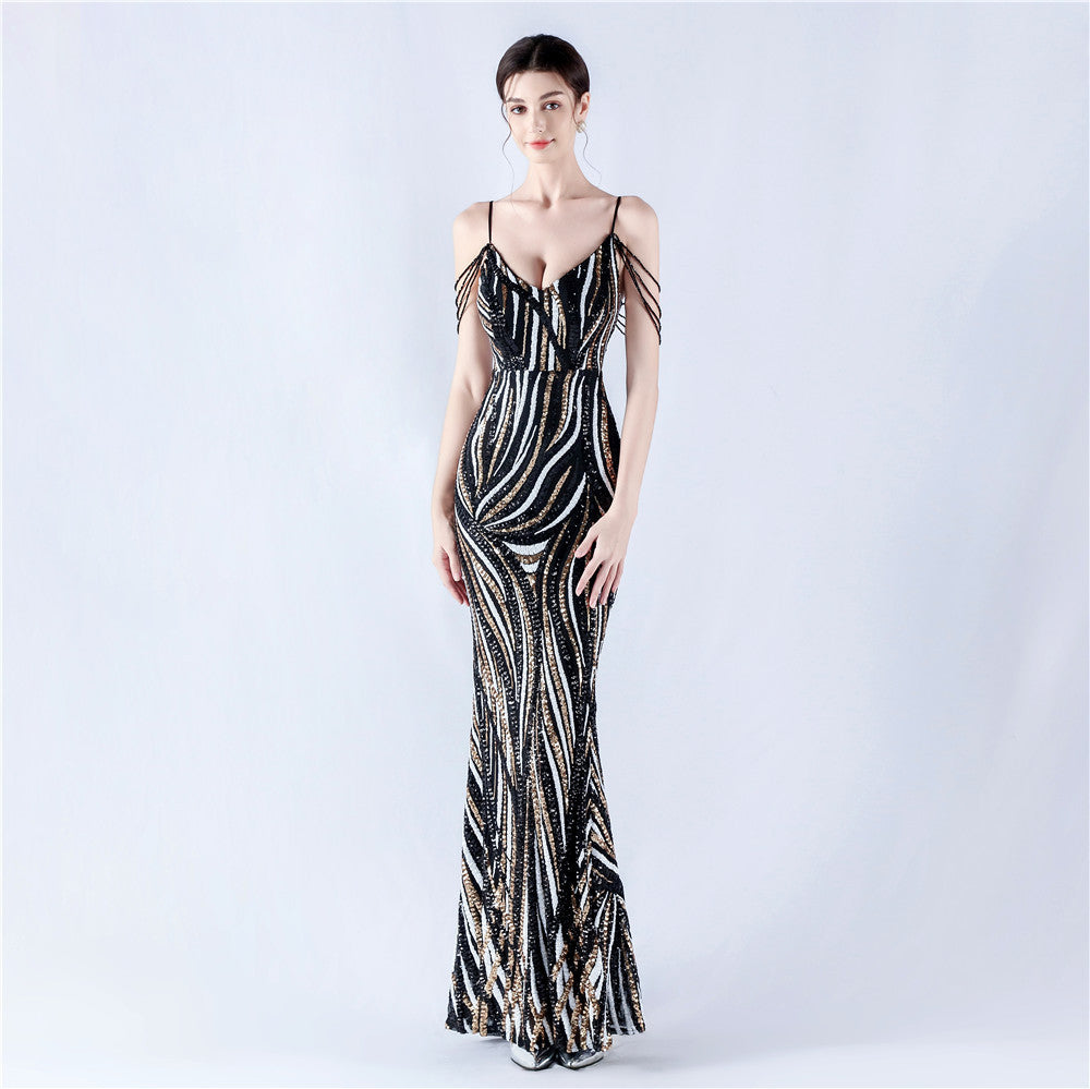 Women sequined striped color matching maxi evening dress 13