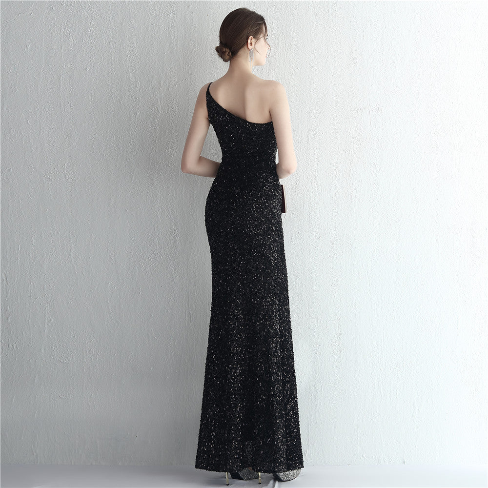Women Sequined One Shoulder Strap Formal Party Slit Mermaid Evening Dress 12