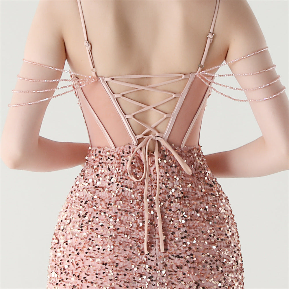 Women herringbone Lace-Up wrapped chest formal Formal Party sequined evening dress 28