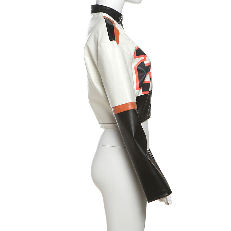 Winter Women's Fashion Sexy High Collar Zipper Contrast Color Pu Leather Jacket 6