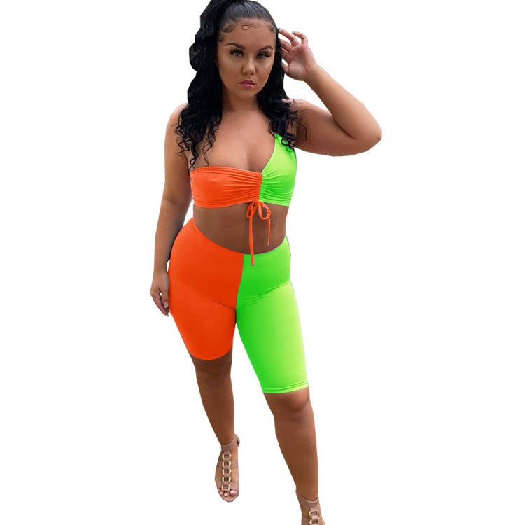 Contrast Color One Shoulder Two Piece Shorts Set