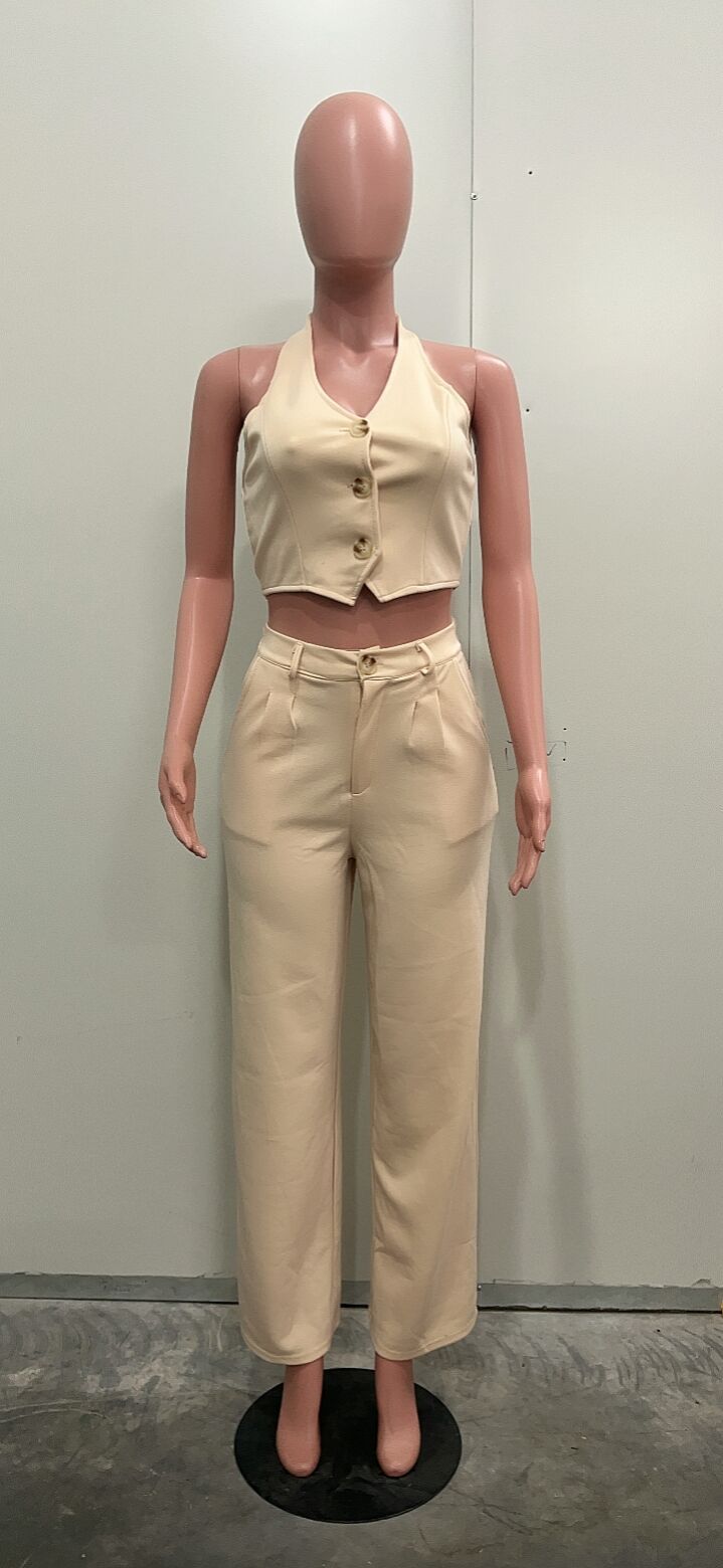 Women solid v-neck Halter Neck vest and PantTwo Piece Set 12
