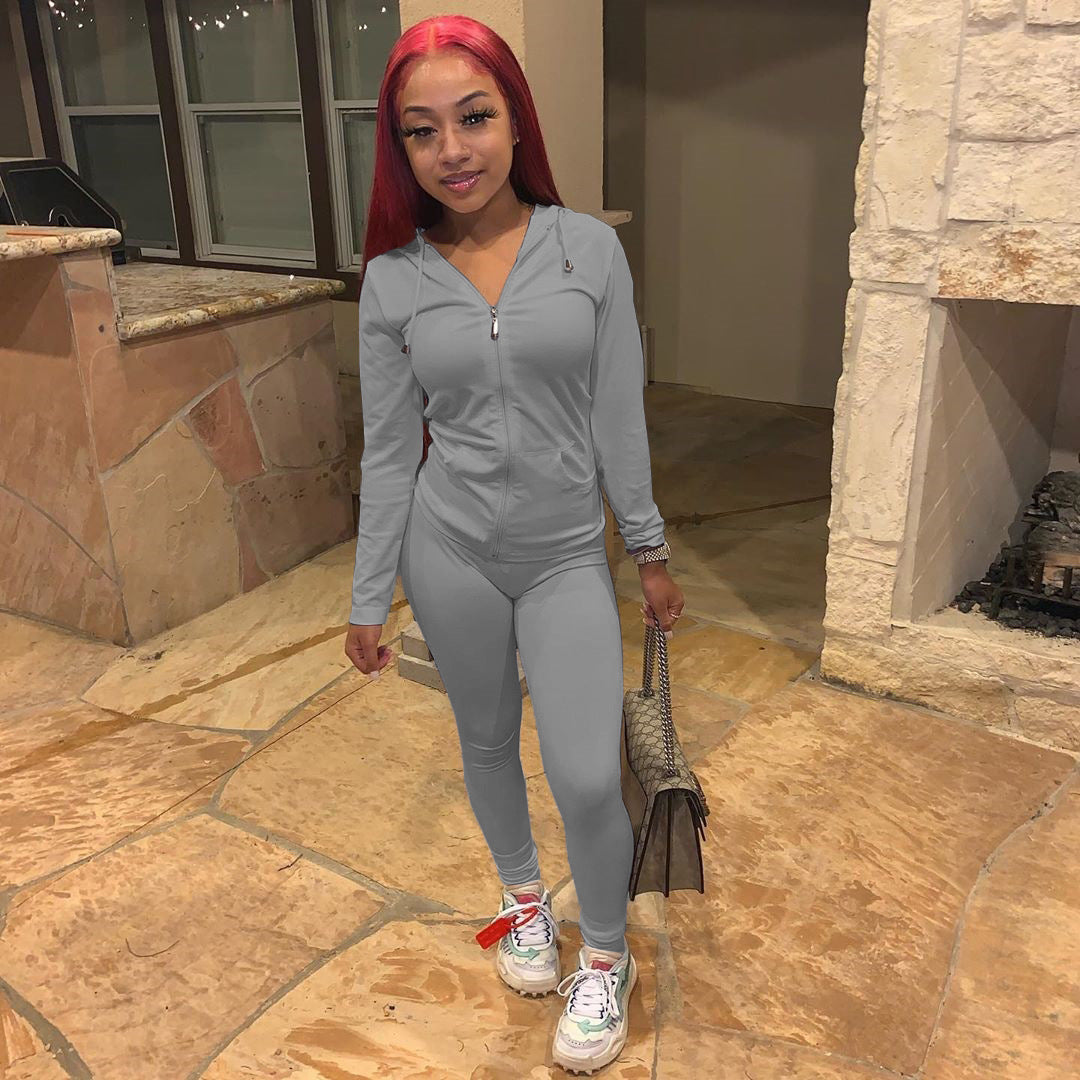 Women Summer Sports Hooded Full Sleeves Solid Pockets Regular Two Piece Pants Set 5