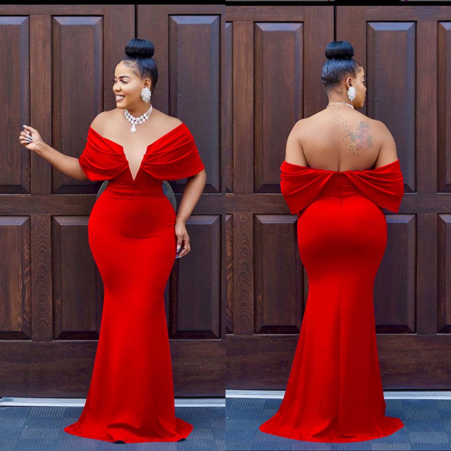 Women's Fashion Solid Color Off Shoulder Deep V Low Back Mermaid Dress 9