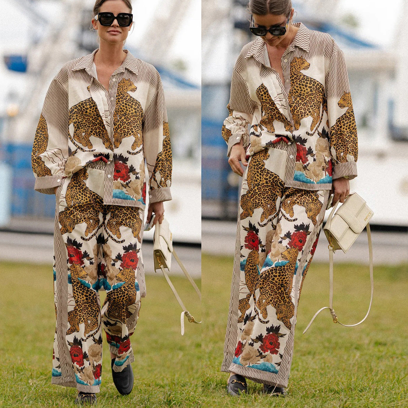 Autumn Winter Long Sleeve Casual Holidays Two-Piece Loose Print Shirt Pants Set