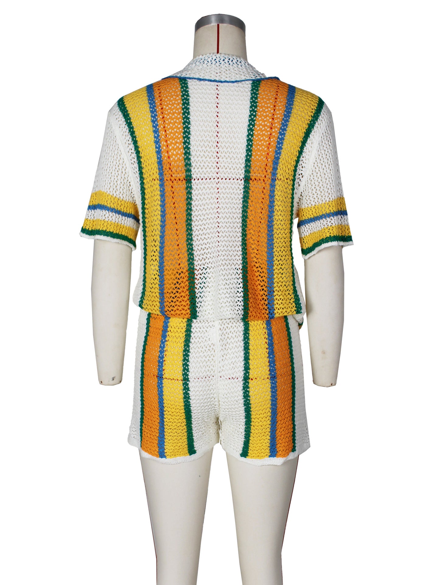 Women's Sexy Hollow Turn-Down Collar Knit Shorts Set 9