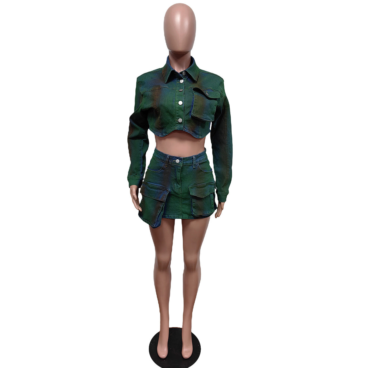 Fashionable Denim Painted Stretch Two Piece Skirt Set 9