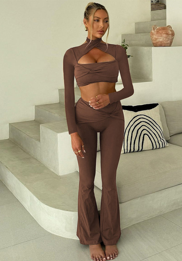 Women's Autumn Long Sleeve Halter Neck Top Pleated Slim Bell Bottom Trousers Fashion Sports Two Piece Set