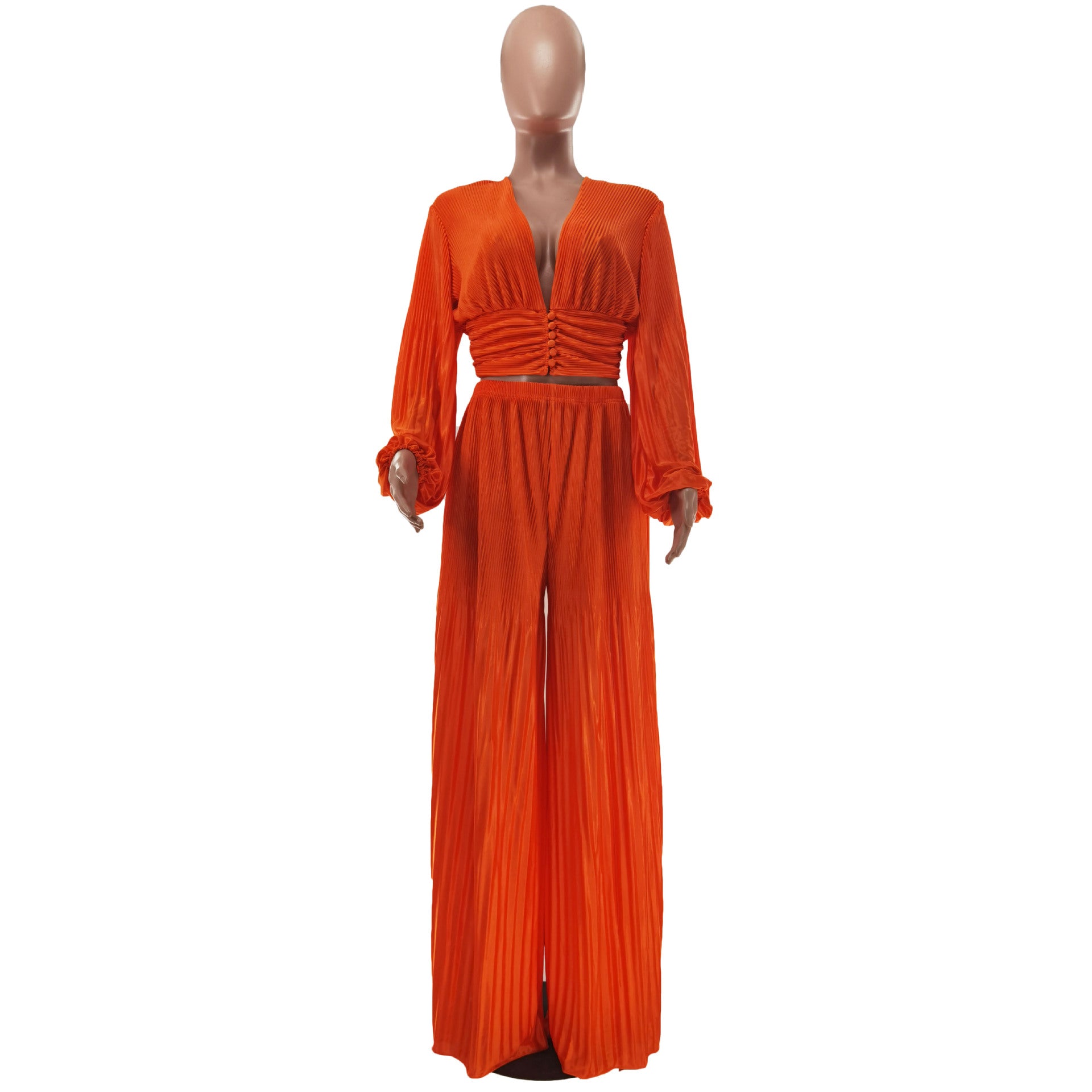 Women sexy pleated v-neck top and wide-leg pants two-piece set 8