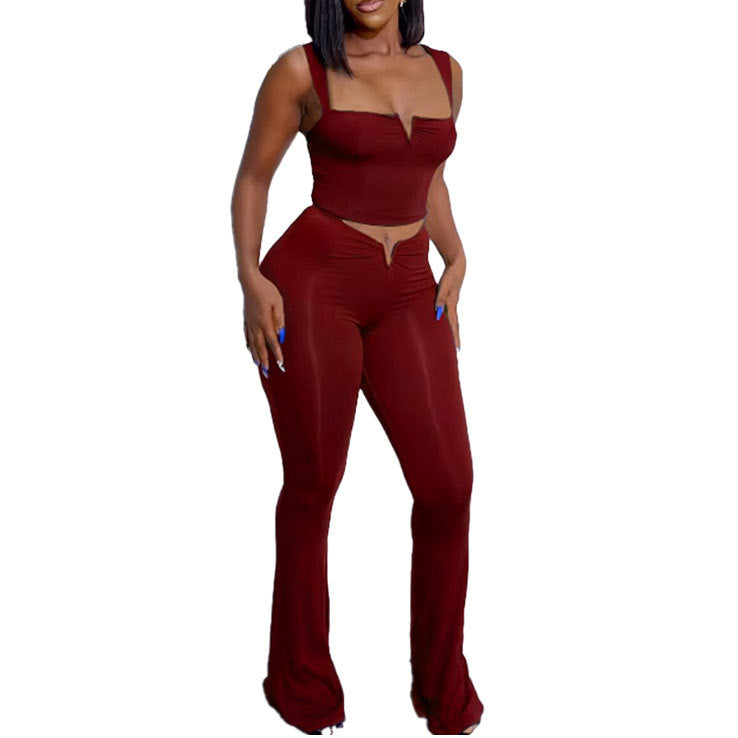 Sexy Solid Color Straps V Crop High Waist Elastic Solid Color Micro Two Piece Pants Set 15