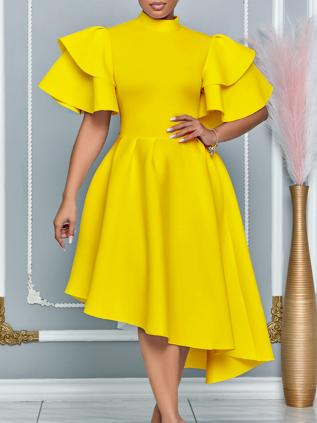 Summer Fashion Chic Bell Bottom Sleeve Solid Color Formal Party Bridesmaid African Dress 7