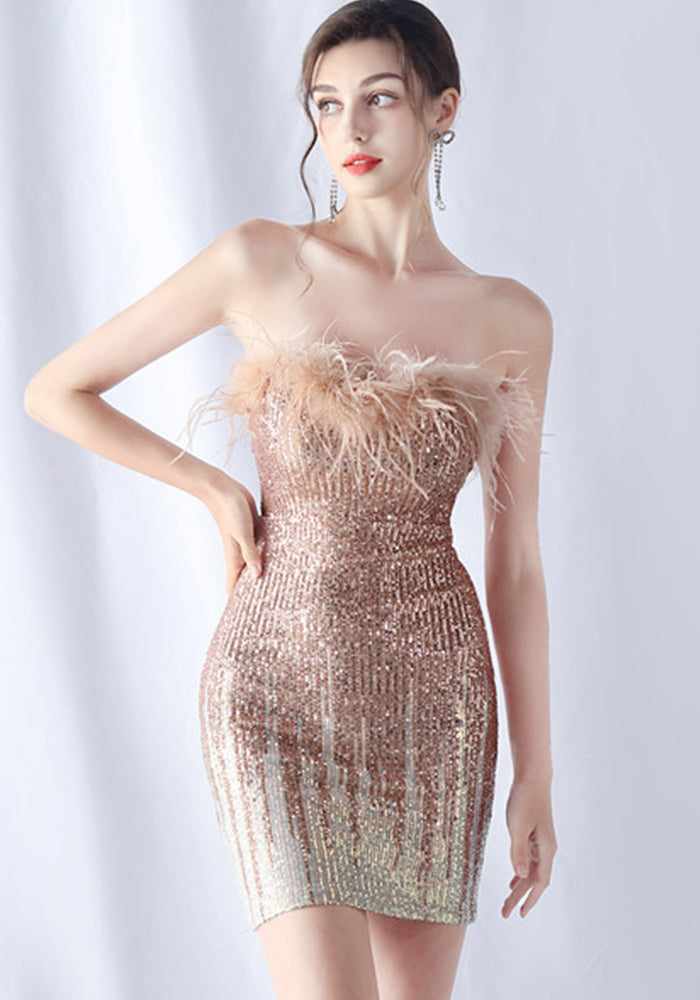 Feather Gradient Sequin Short Evening Dress