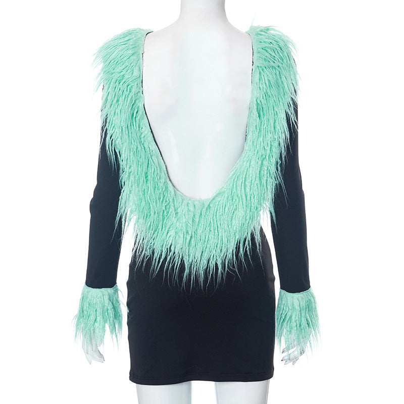 Women's Autumn Fur Collar Patchwork Solid Color Casual Low Back Long Sleeve Slim Dress 11