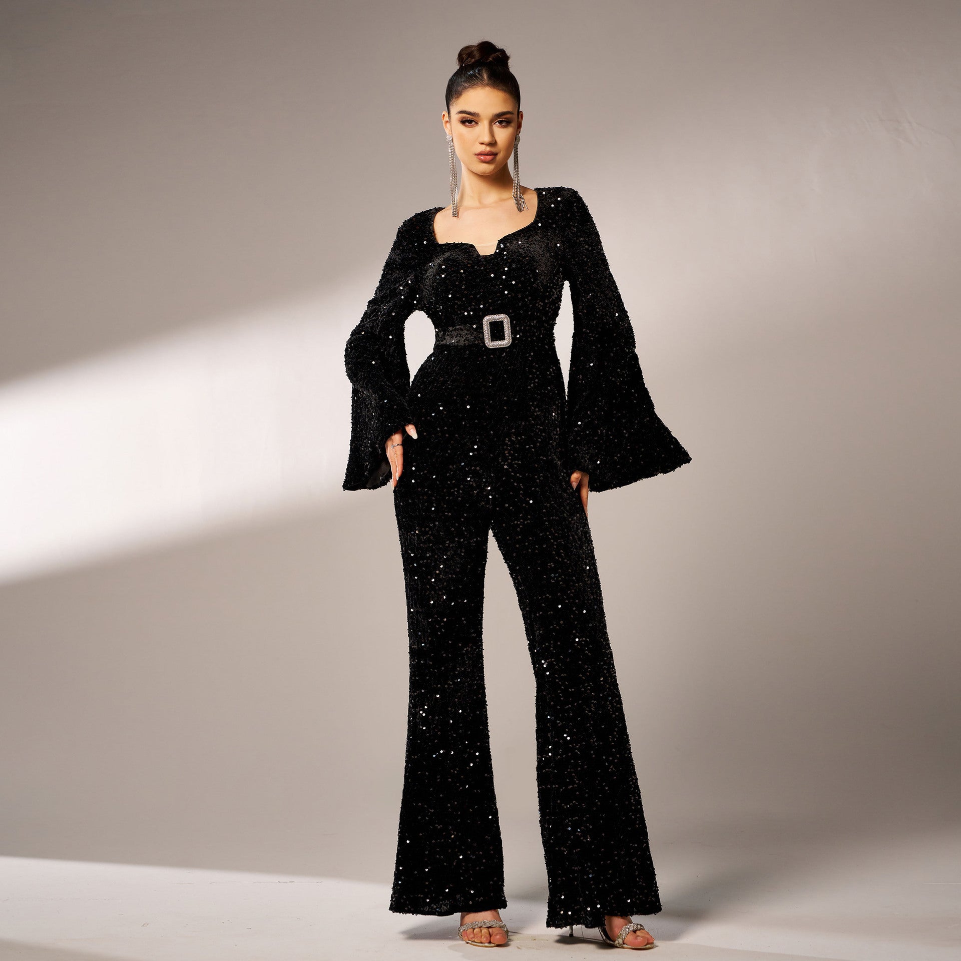 Women long sleeve square neck Bodycon Formal Party sequined Jumpsuit 7