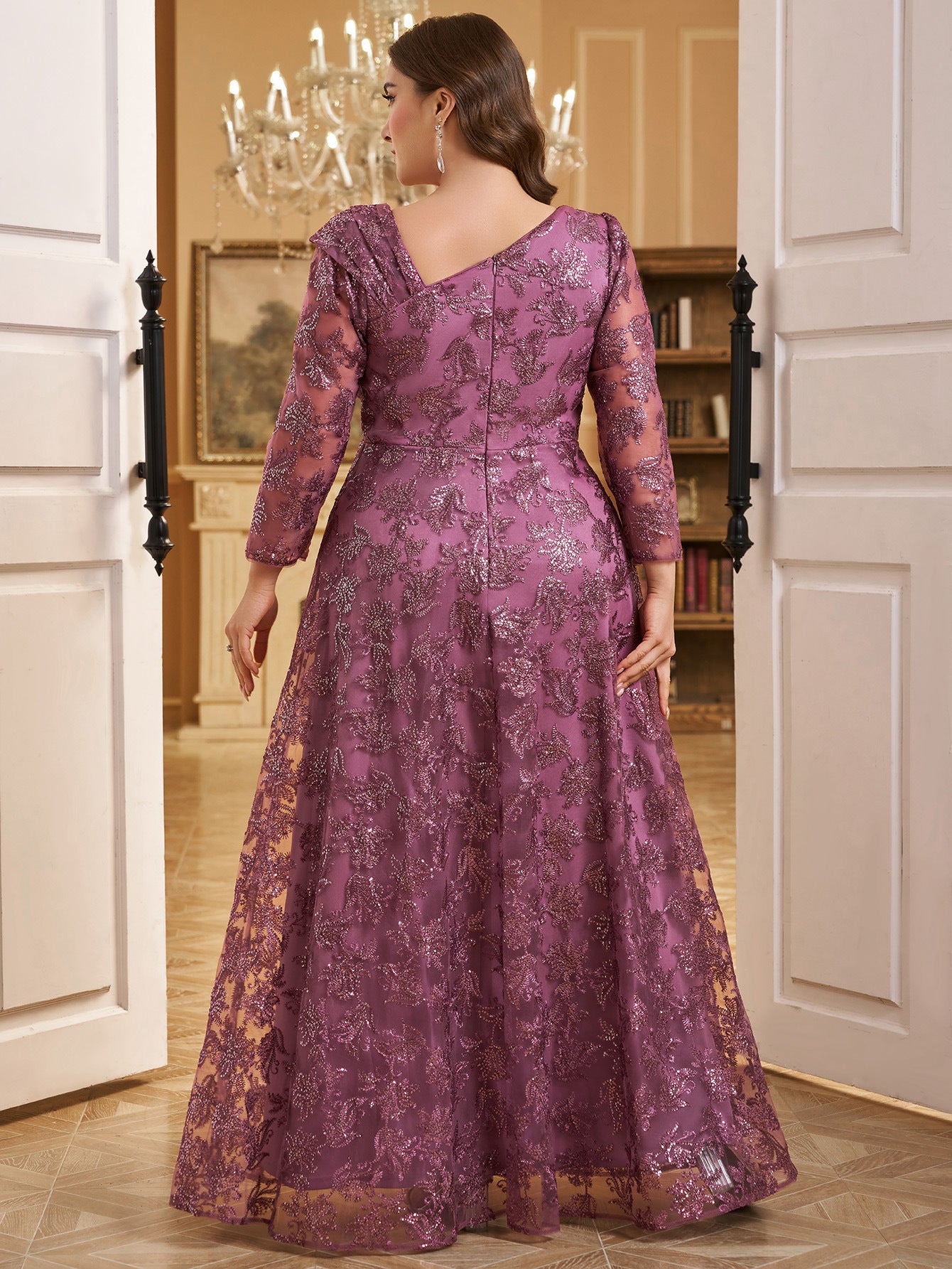 V-Neck PurpleMesh Sequin Embroidery Elegant Evening Dress