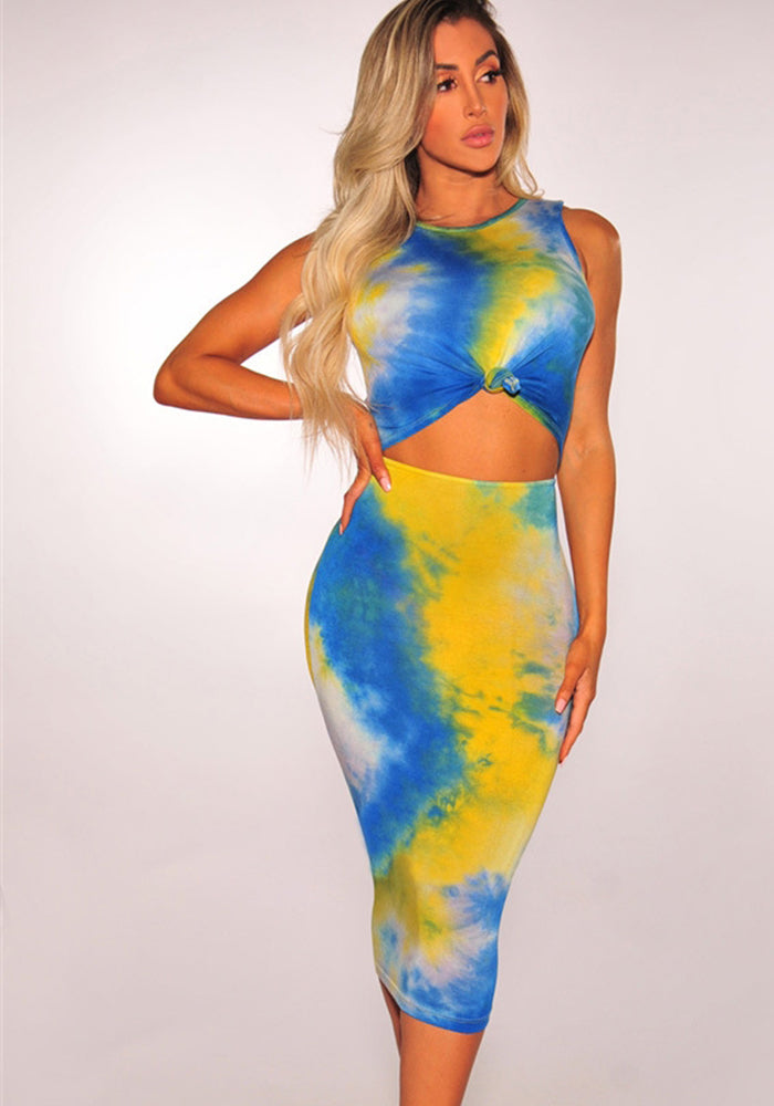 Women's Spring & Summer Color-Block Printed Cutout Sexy Bodycon Sleeveless Dress