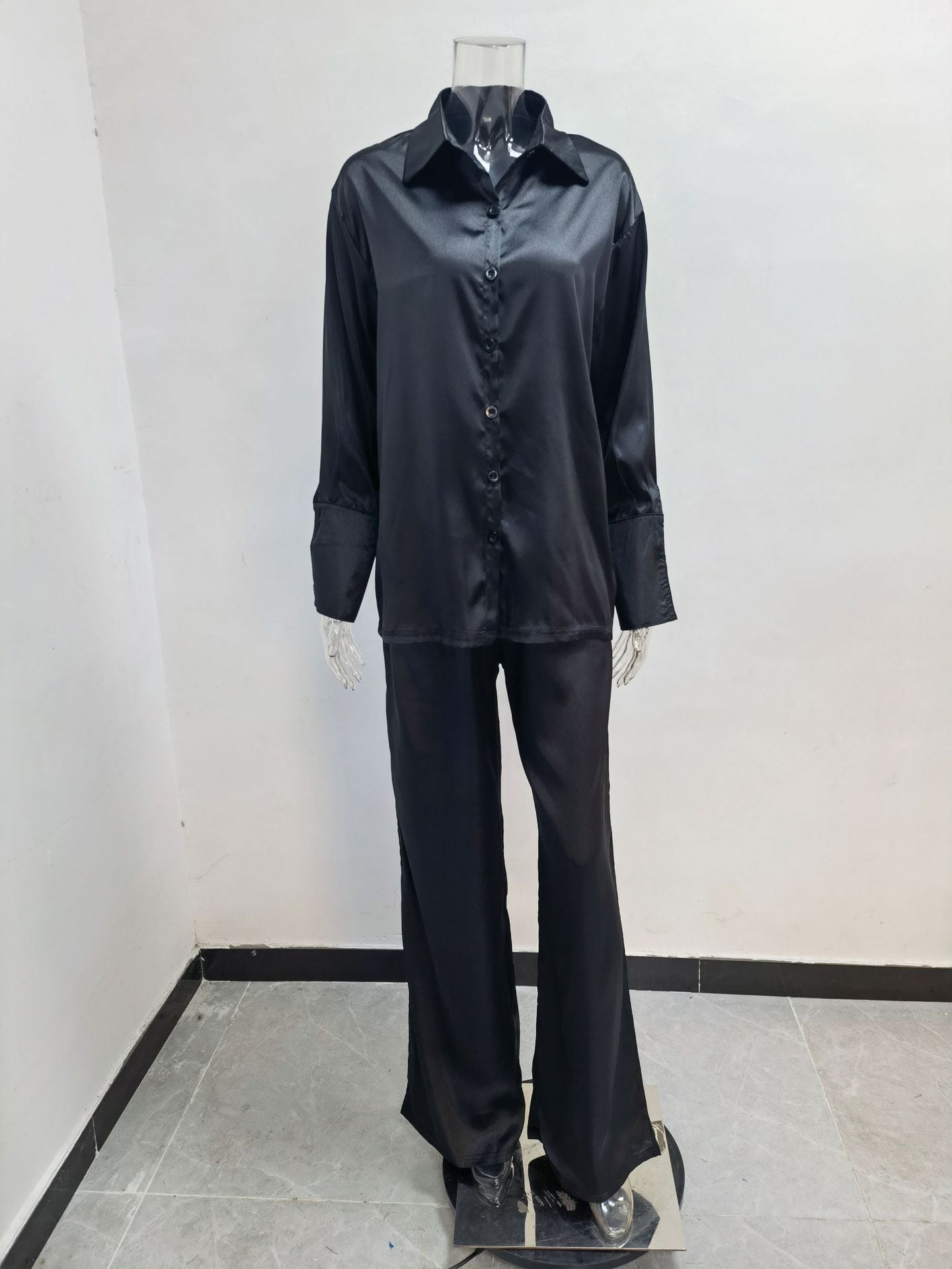 Solid Color Satin Long Sleeve Casual Two Piece Pants Set Trendy Lounge Wear 20