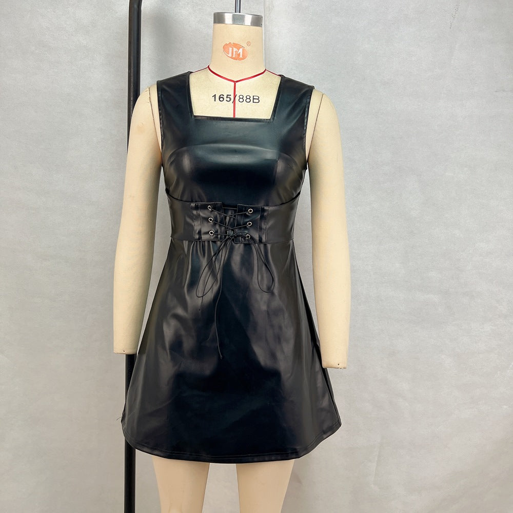 Women's Clothing Pu Leather Slim Waist Square Neck Solid Color Lace-Up Slim Fit Sleeveless Mini Dress 8