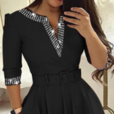 Women Elegant Beaded Long Sleeve Solid V-Neck Dress with Belt
