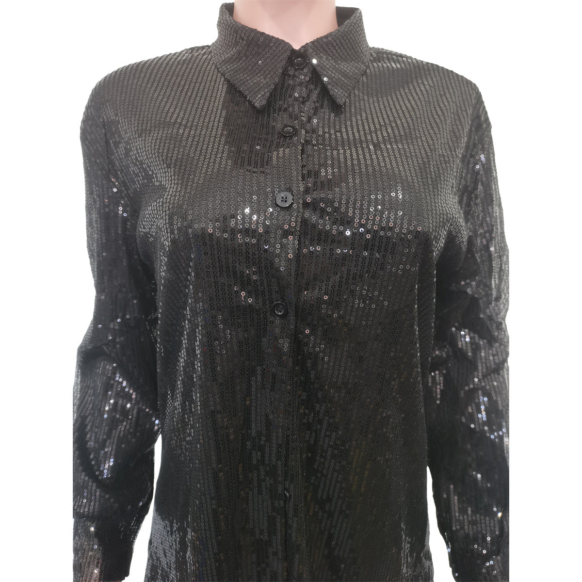 Women Solid Sequin Loose Shirt Dress 30
