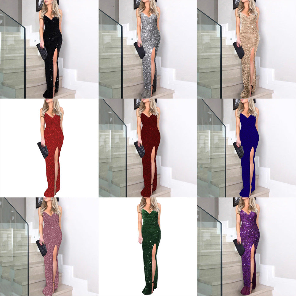Summer Women's High Waist Sexy Fashion Straps Sequin Slit Dress 29
