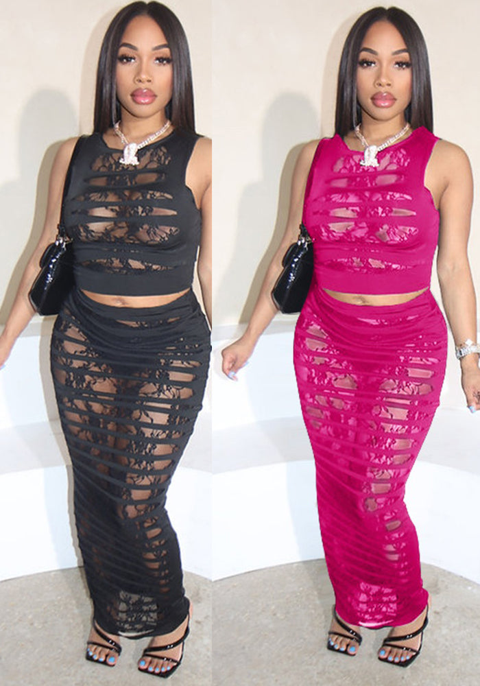 Fashion Women's Sexy Sleeveless Lace Patchwork Two Piece Skirt Set