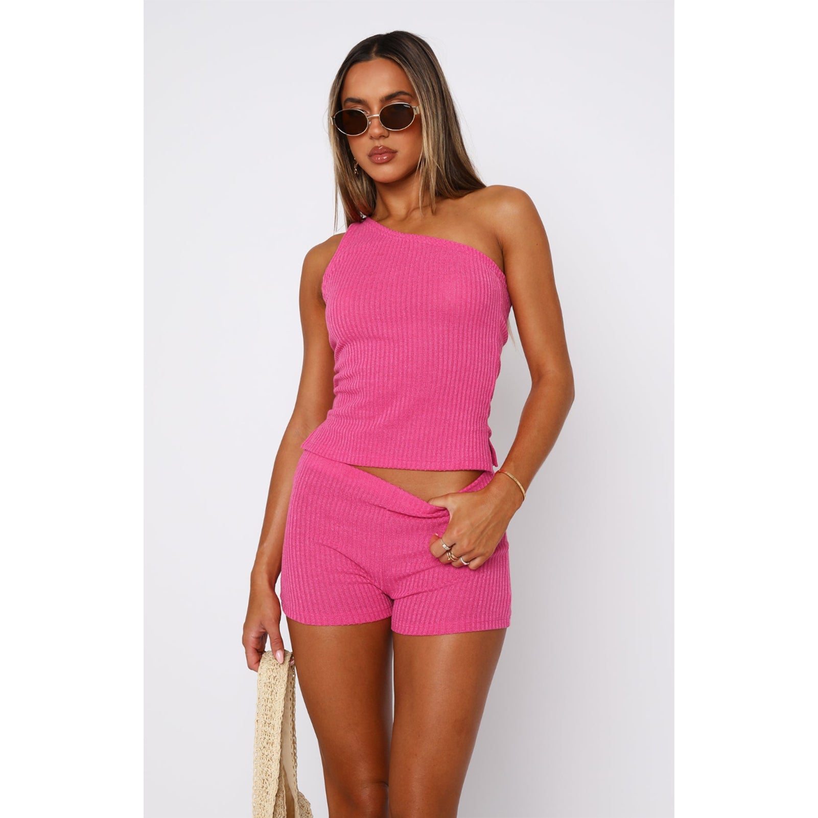 Women's One Shoulder Sleeveless Sweater Ribbed Shorts Two Piece Set 4