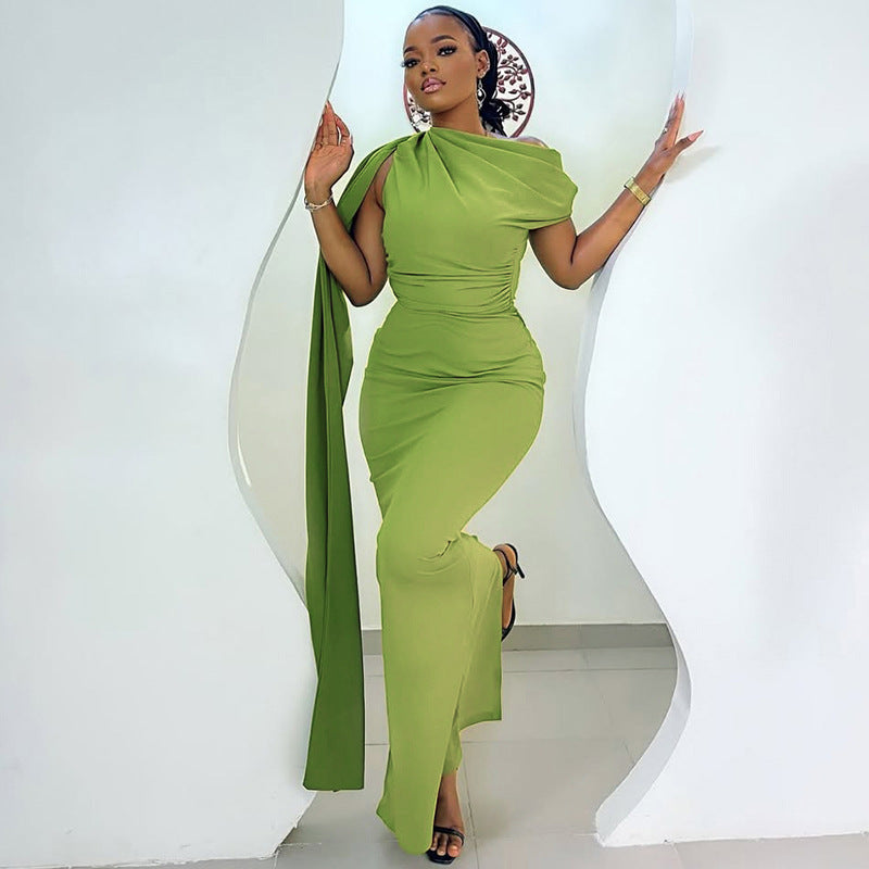 Women Elegant Slash Shoulder Solid One Shoulder Dress