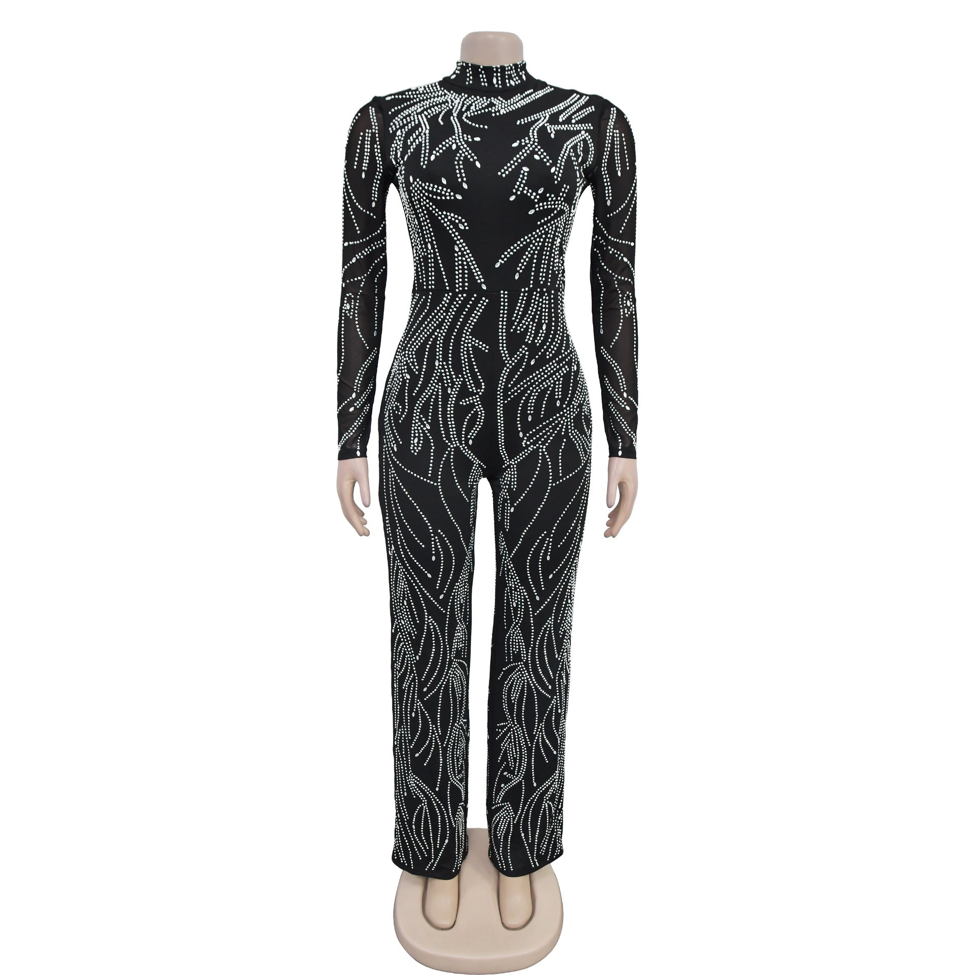 Fashion Women's Low Back Beaded Long Sleeve Club Jumpsuit（customized,MOQ 6pcs/size/color,process time 7-10 days） 4