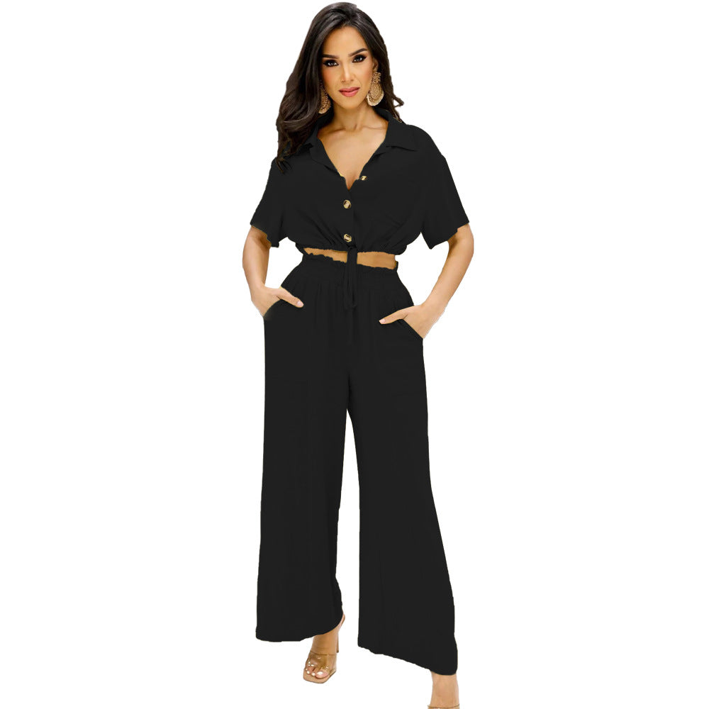 Women Short Polo Collar Crop Top and Pants Two-Piece Set 9