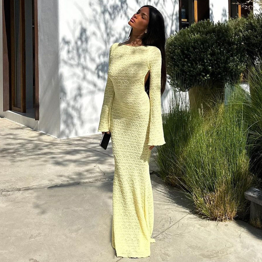 Women Autumn Low Back Lace-Up Backless Long Sleeve Long Dress 3