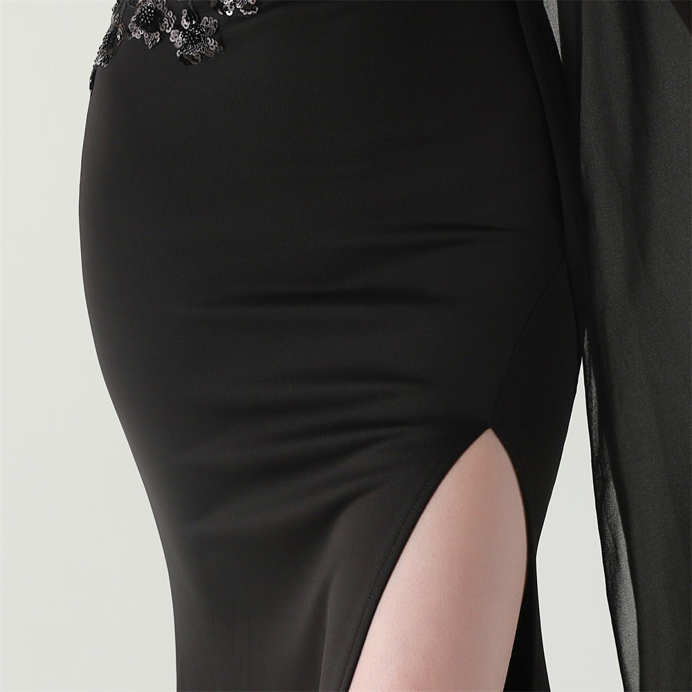 Women Tulle Shawl Beaded Tube Embroidery One Shoulder Evening Dress 37