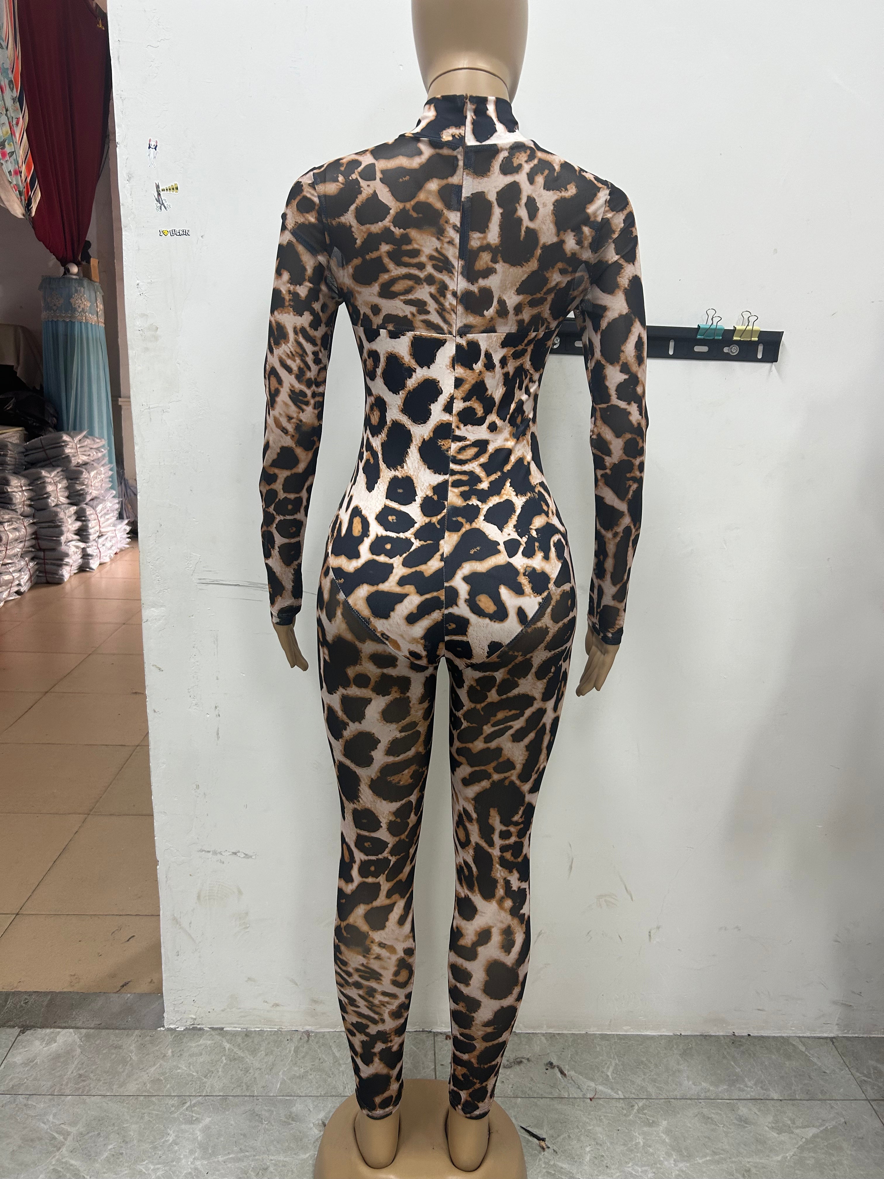 Women's Spring Leopard Print Mesh Long Sleeve Tight Fitting Sexy Jumpsuit 8