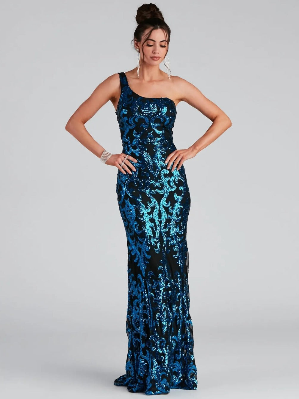 Summer Sequin Sleeveless One Shoulder Formal Party Evening Dress