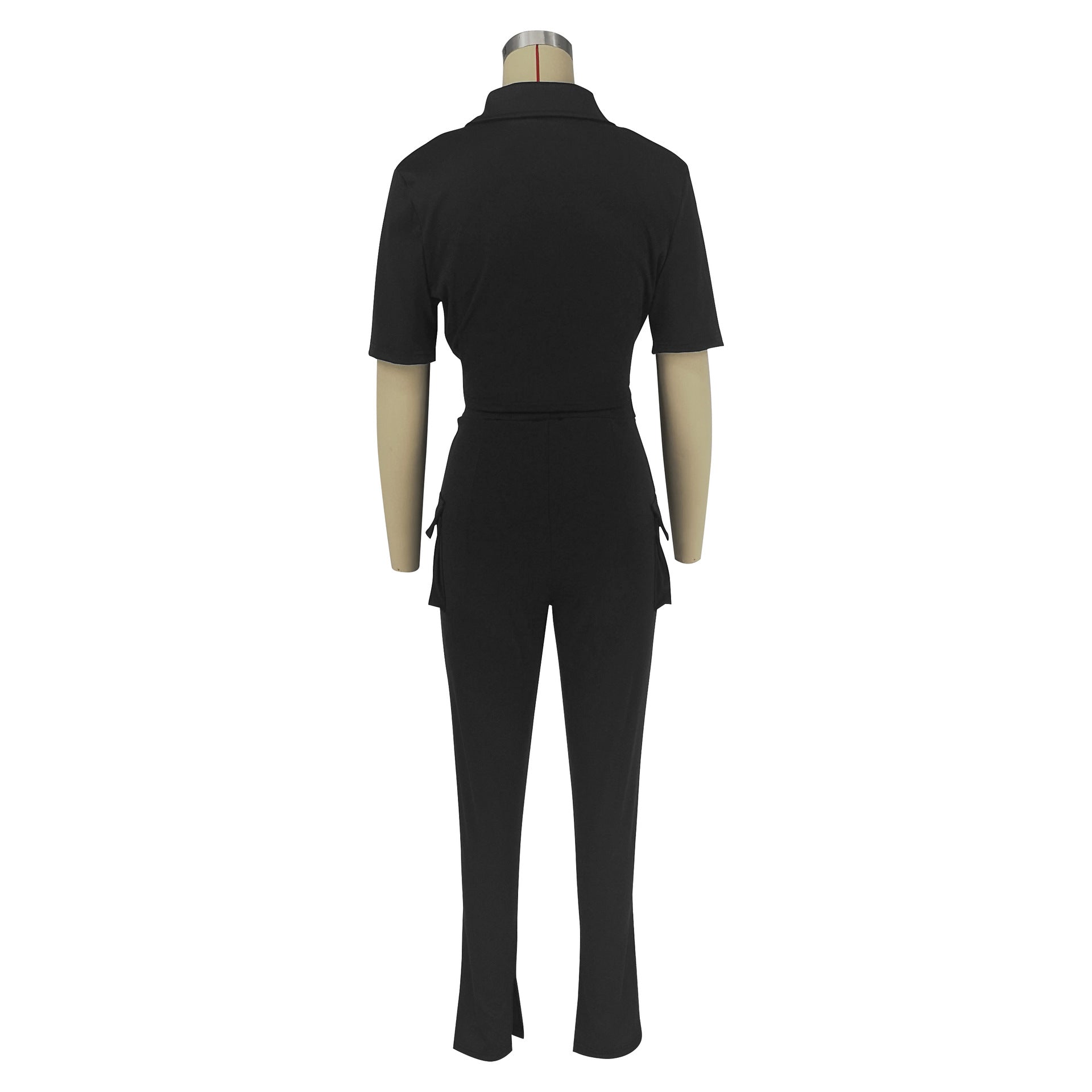 Women's Casual SOLid COLor  Short Sleeve Shirt Slit Trousers Two Piece Set 11