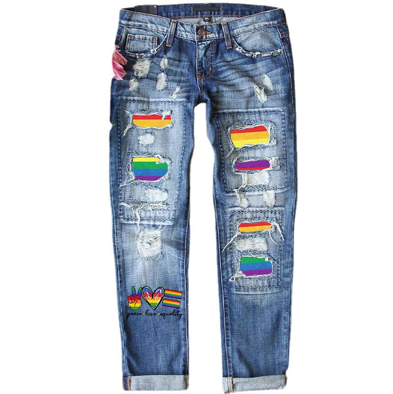 Stylish Printed Ripped Mid-Rise Straight Women's Denim Pants 5