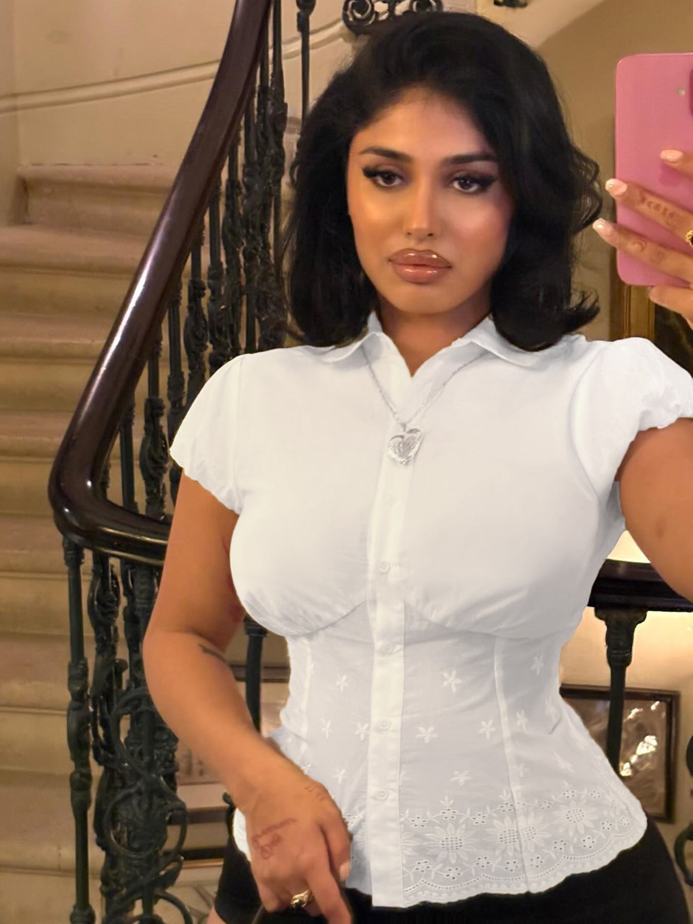 Women's Solid Color Lace Patchwork Puff Sleeve Slim Waist Single-breasted Shirt Short Top 5