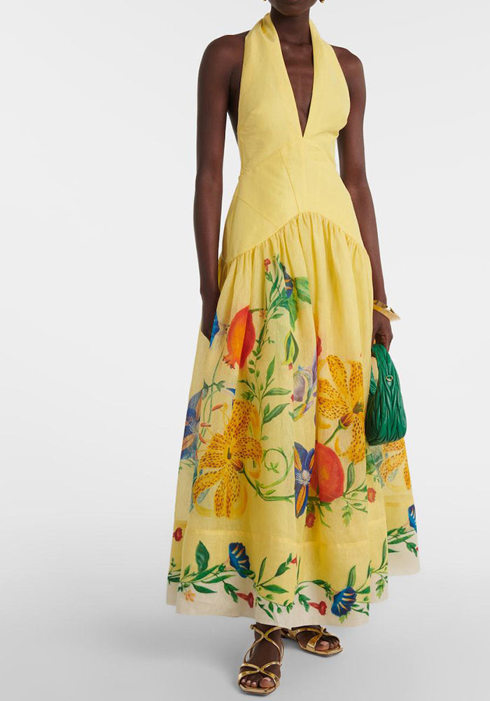 Women's Summer Deep V Halter Neck Low Back Printed A-line Dress