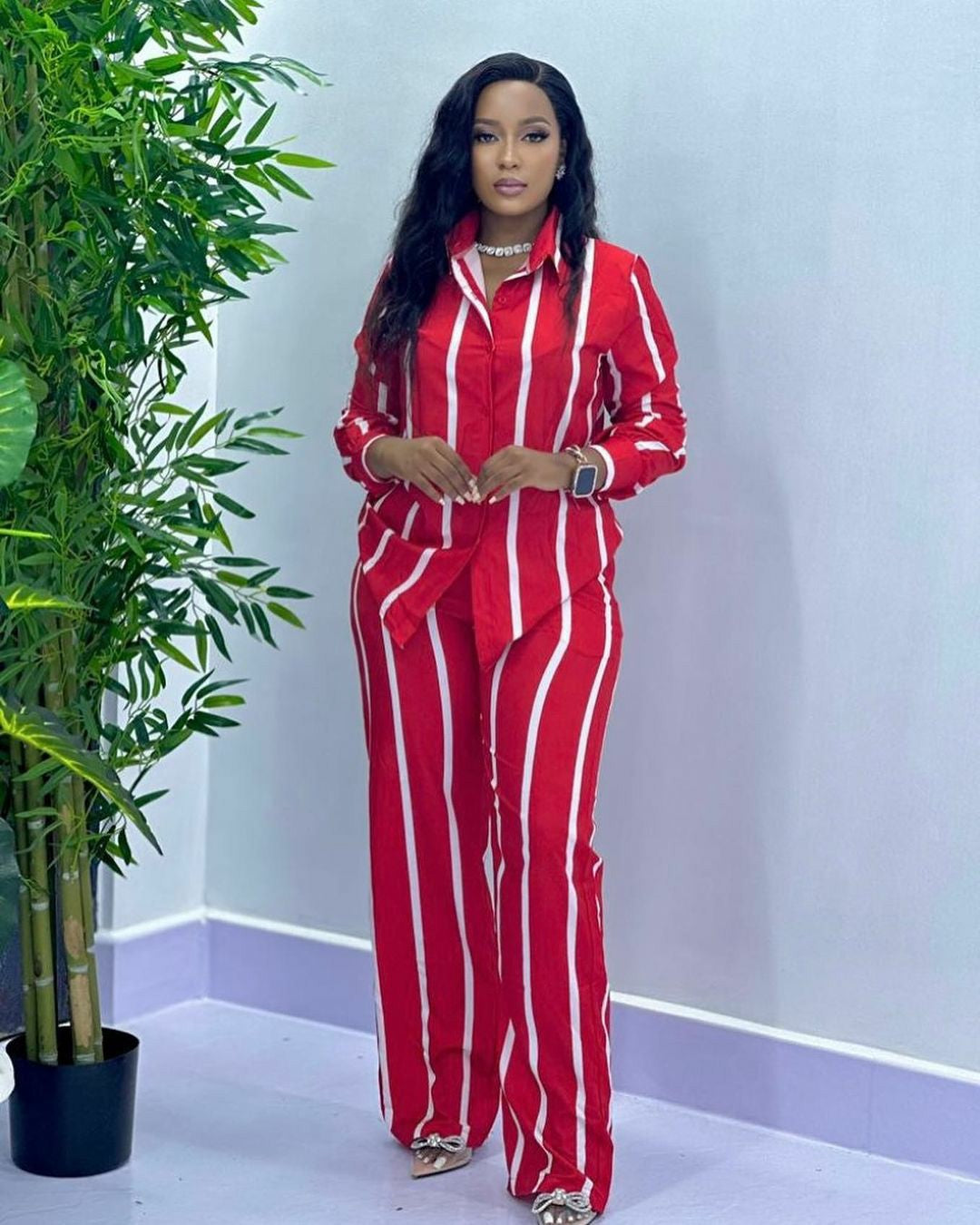 Women Casual Striped Long Sleeve Top and Pant Two Piece Set