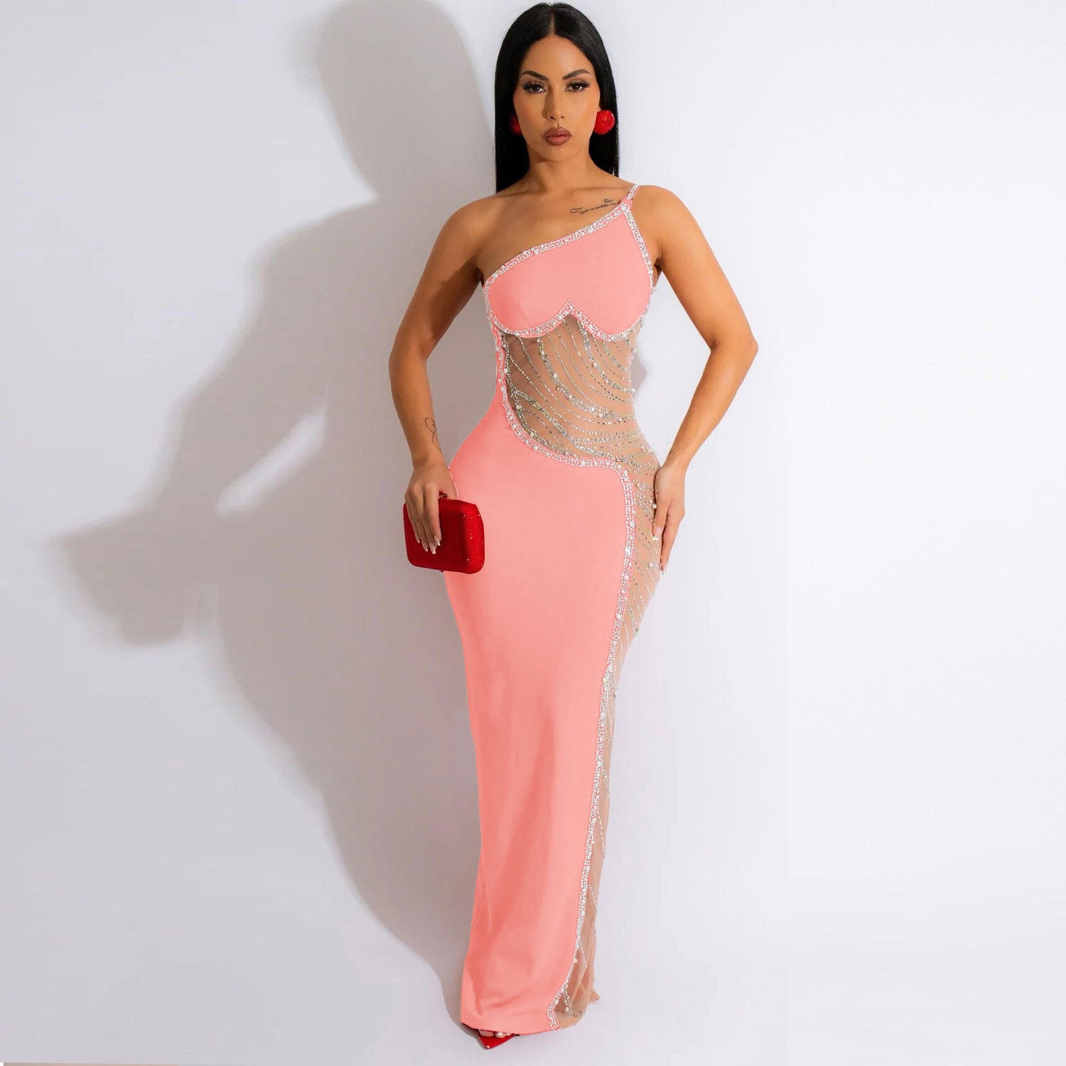Sexy Pearl Beaded See-Through Mesh Patchwork Long Evening Dress 5