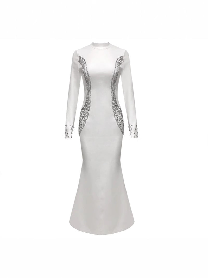 Fall/Winter Long-Sleeve Bandage Dress Rhinestone High Neck Party Gown 7