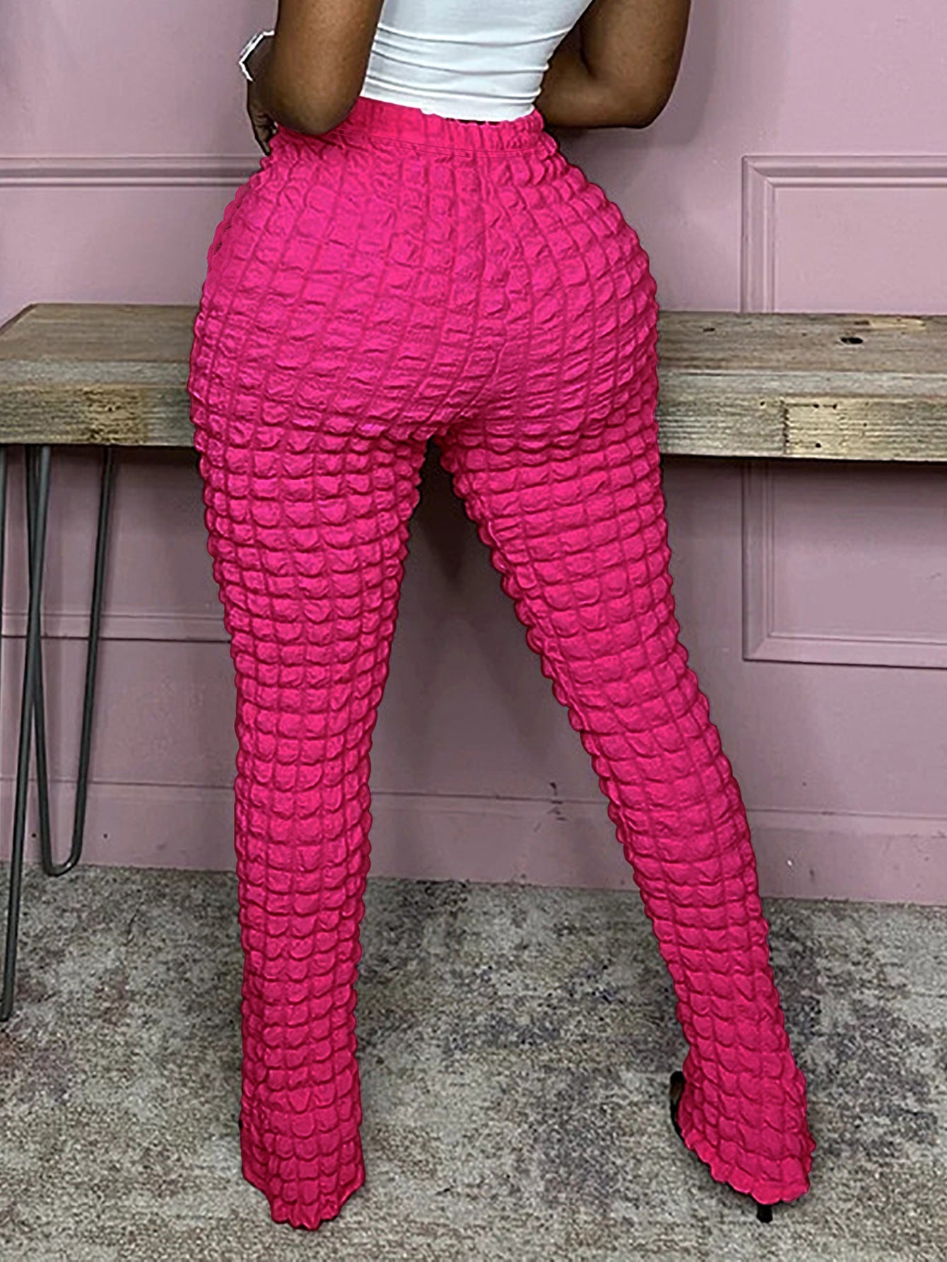 Women's Casual Bubble Fabric Elastic Waist Tight-Fitting Pants 5